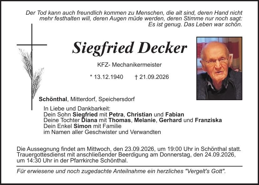 Traueranzeige Siegfried Decker