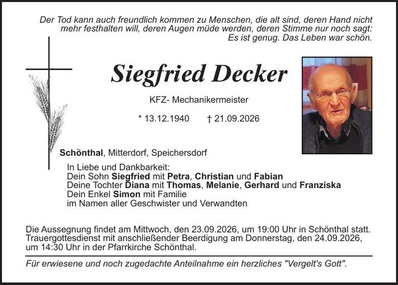 Traueranzeige Siegfried Decker