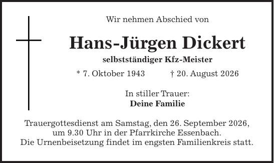 Traueranzeige Hans-Jürgen Dickert