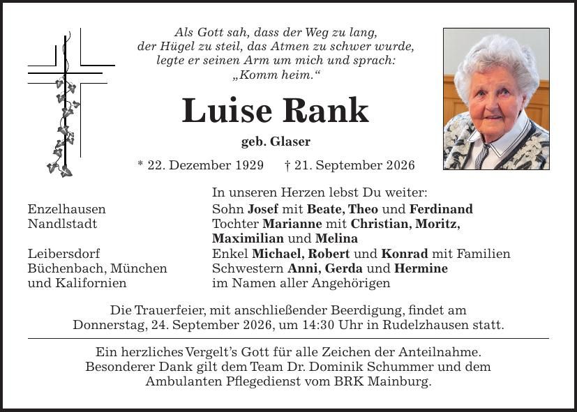 Traueranzeige Luise Rank