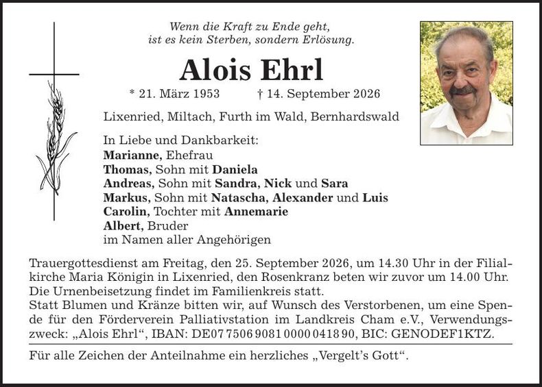 Traueranzeige Alois Ehrl