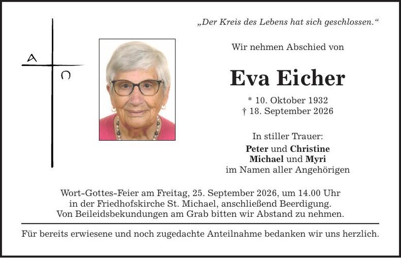 Traueranzeige Eva Eicher