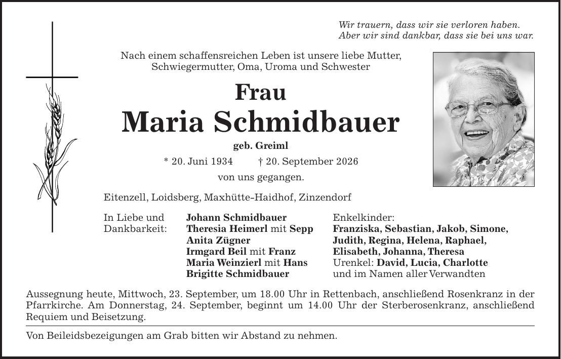 Traueranzeige Maria Schmidbauer