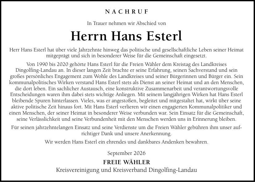 Traueranzeige Johann Esterl