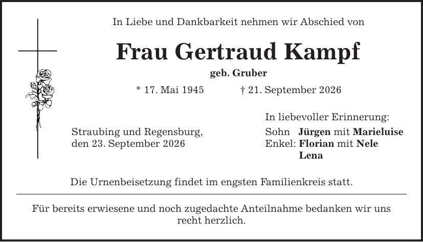 Traueranzeige Gertraud Kampf