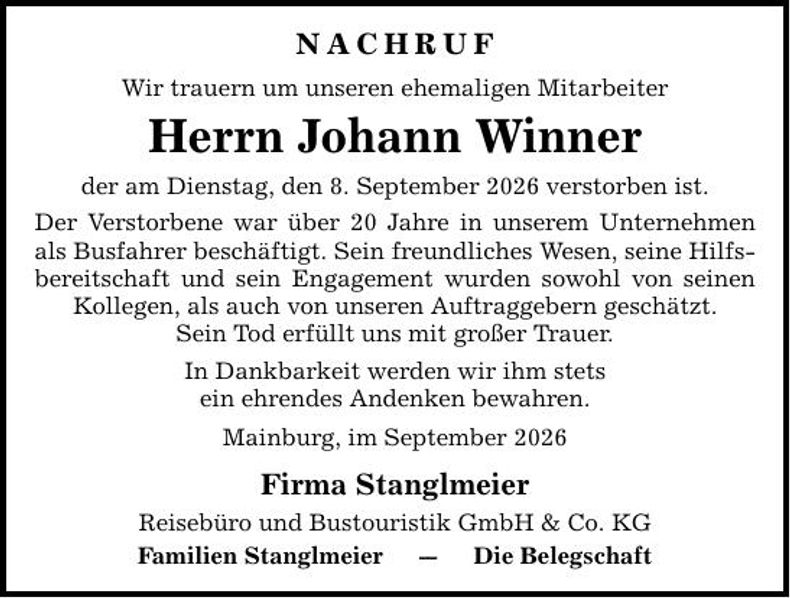 Traueranzeige Johann Winner