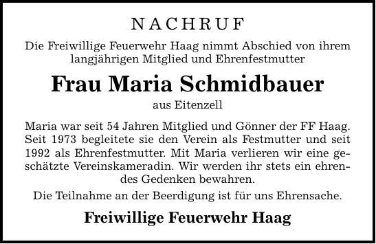 Traueranzeige Maria Schmidbauer