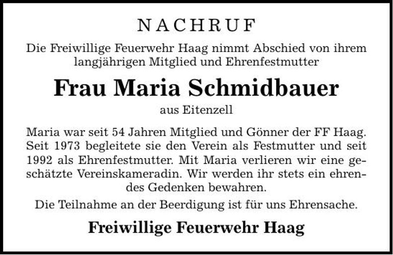Traueranzeige Maria Schmidbauer