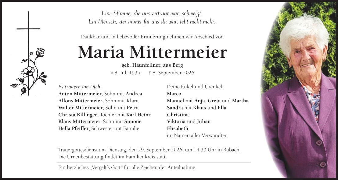 Traueranzeige Maria Mittermeier