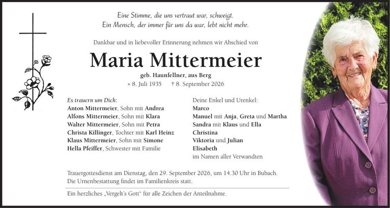 Traueranzeige Maria Mittermeier
