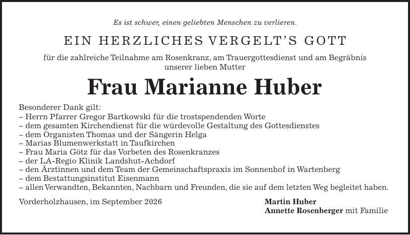 Traueranzeige Marianne Huber