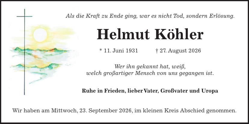 Traueranzeige Helmut Köhler