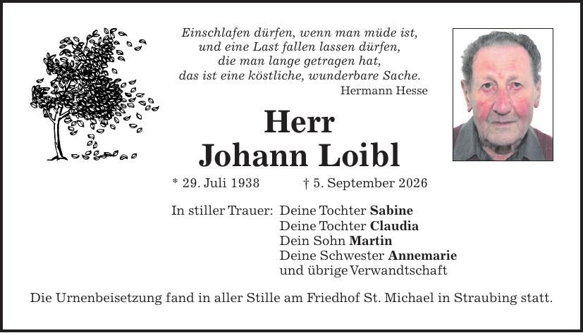 Traueranzeige Johann Loibl