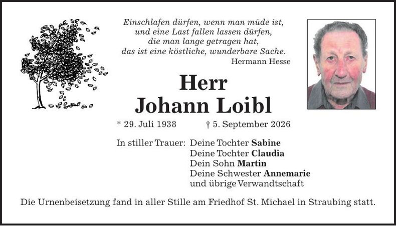 Traueranzeige Johann Loibl