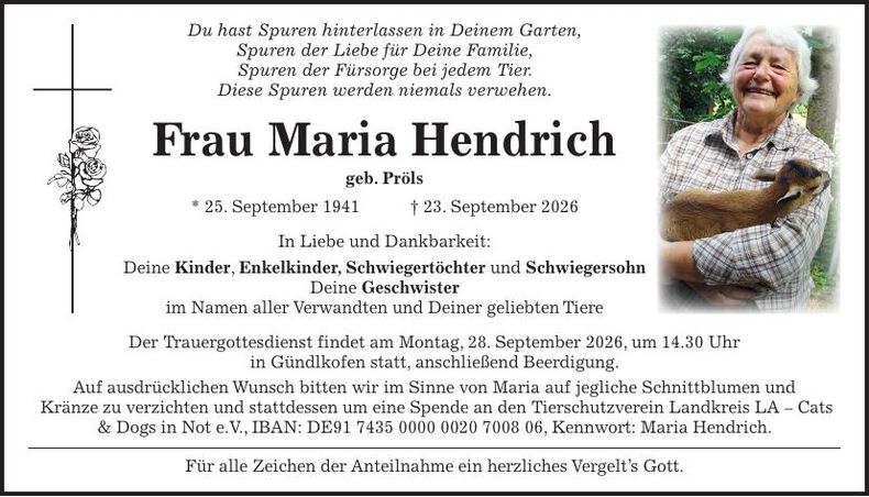 Traueranzeige Maria Hendrich