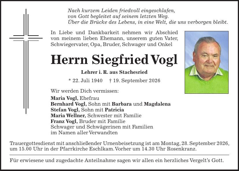 Traueranzeige Siegfried Vogl