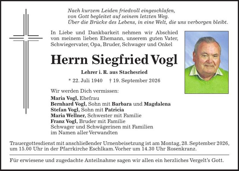 Traueranzeige Siegfried Vogl
