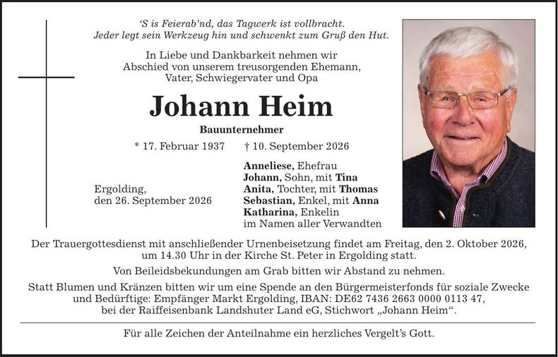 Traueranzeige Johann Heim