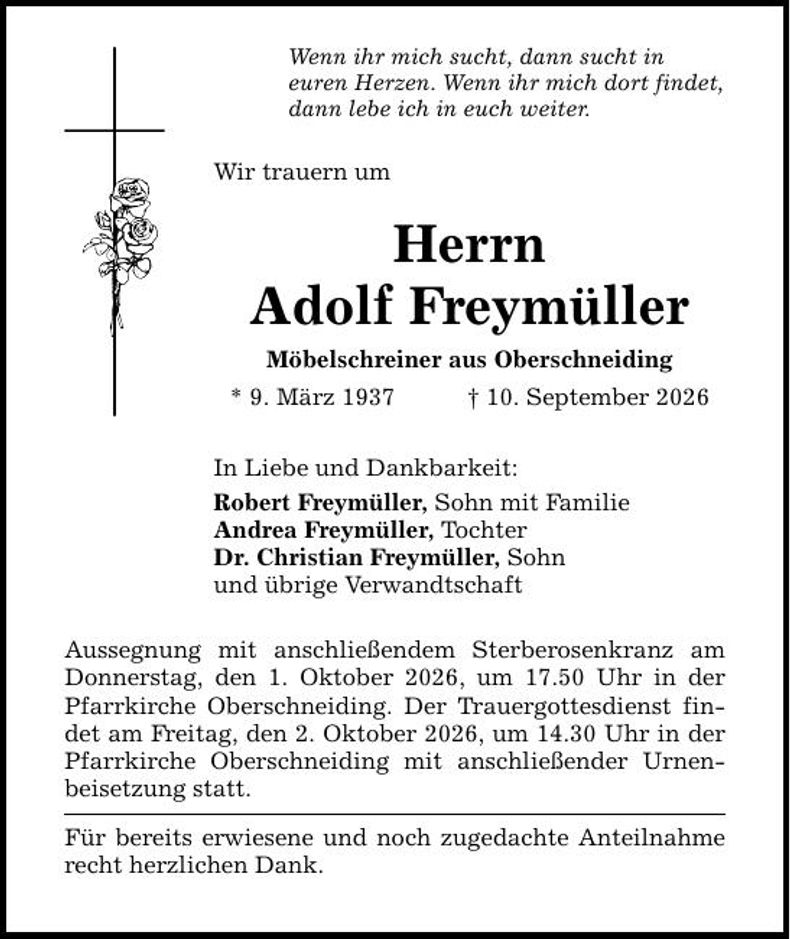 Traueranzeige Adolf Freymüller