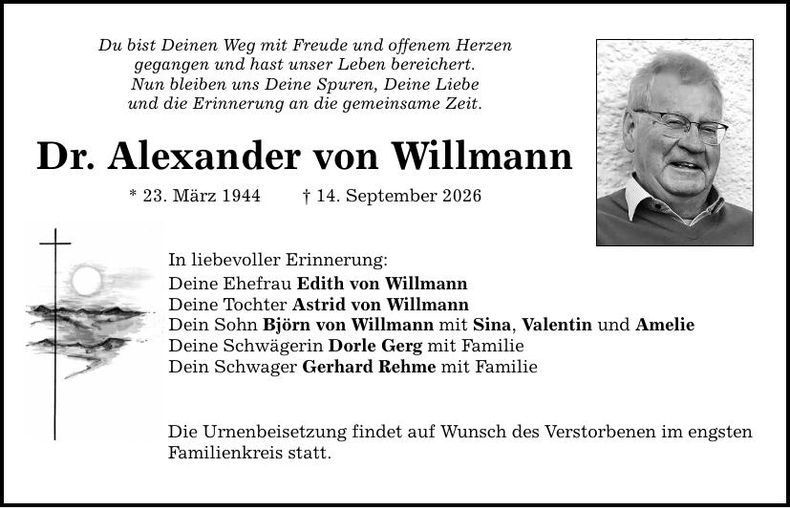 Traueranzeige Alexander von Willmann