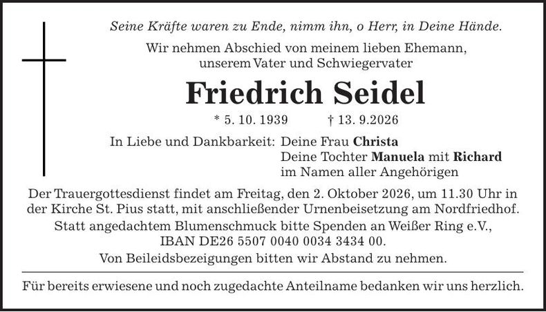 Traueranzeige Friedrich Seidel