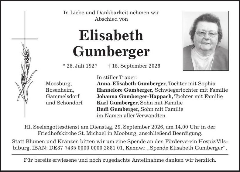 Traueranzeige Elisabeth Gumberger