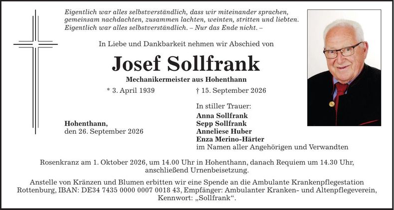 Traueranzeige Josef Sollfrank