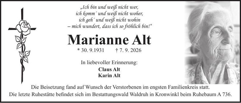 Traueranzeige Marianne Alt