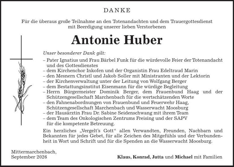 Traueranzeige Antonie Huber