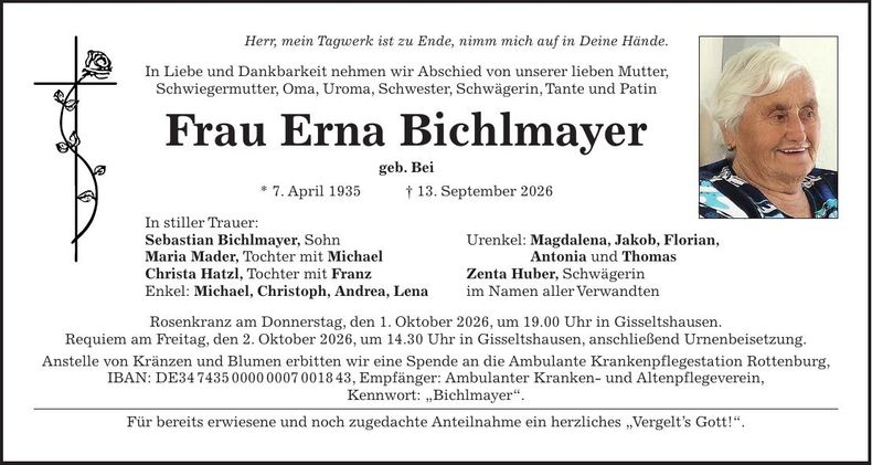 Traueranzeige Erna Bichlmayer