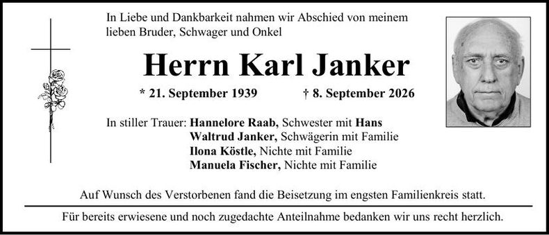 Traueranzeige Karl Janker