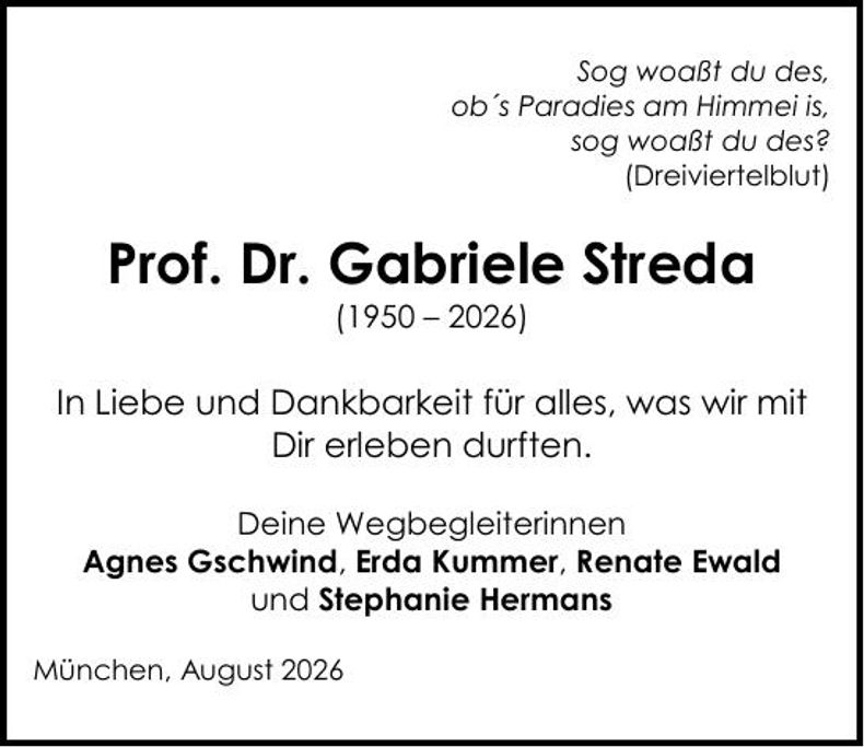 Traueranzeige Gabriele Streda