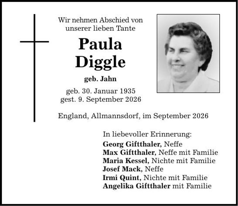 Traueranzeige Paula Diggle