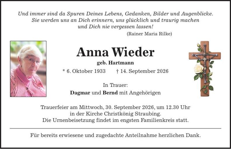 Traueranzeige Anna Wieder