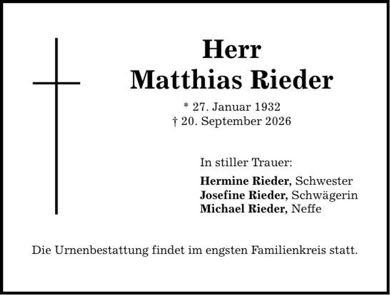 Traueranzeige Matthias Rieder