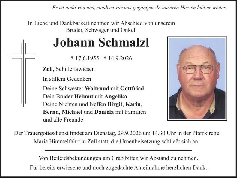 Traueranzeige Johann Schmalzl