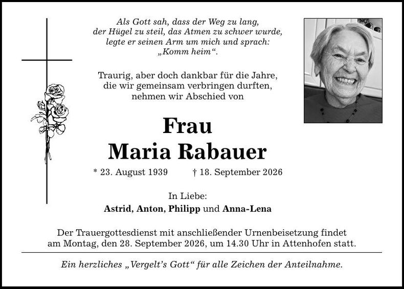 Traueranzeige Maria Rabauer