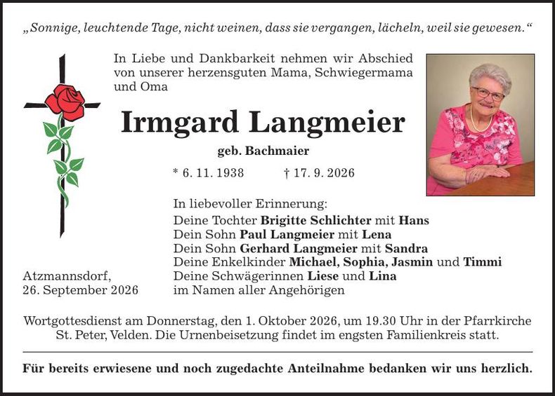 Traueranzeige Irmgard Langmeier