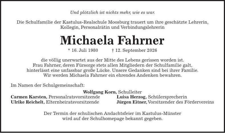 Traueranzeige Michaela Fahrner