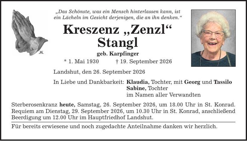 Traueranzeige Kreszenz  Stangl