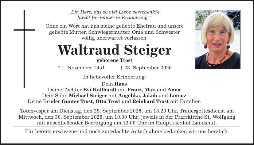 Traueranzeige Waltraud Steiger