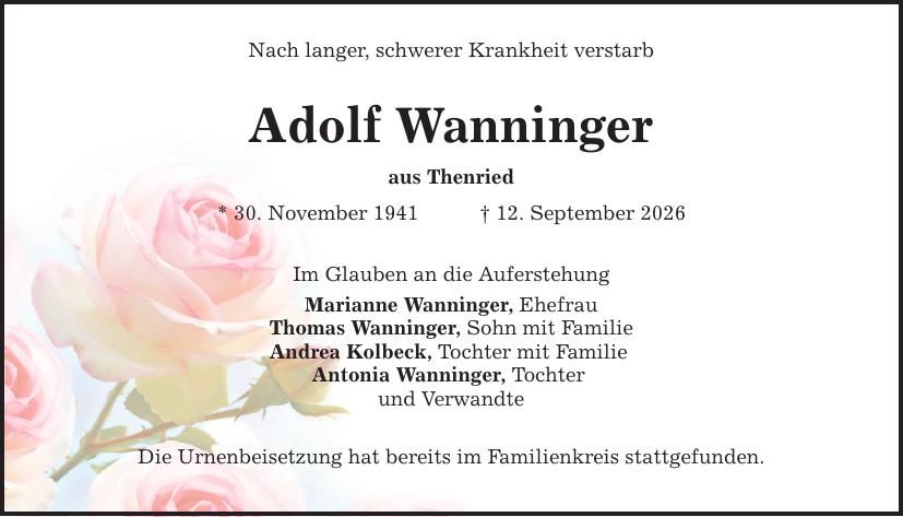 Traueranzeige Adolf Wanninger