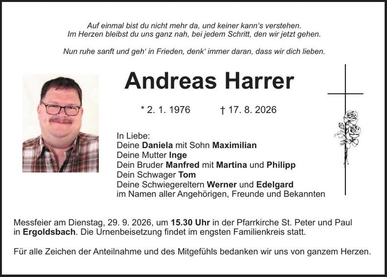 Traueranzeige Andreas Harrer