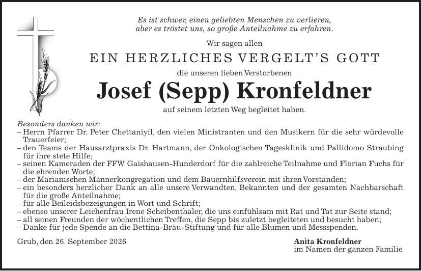 Traueranzeige Josef Kronfeldner