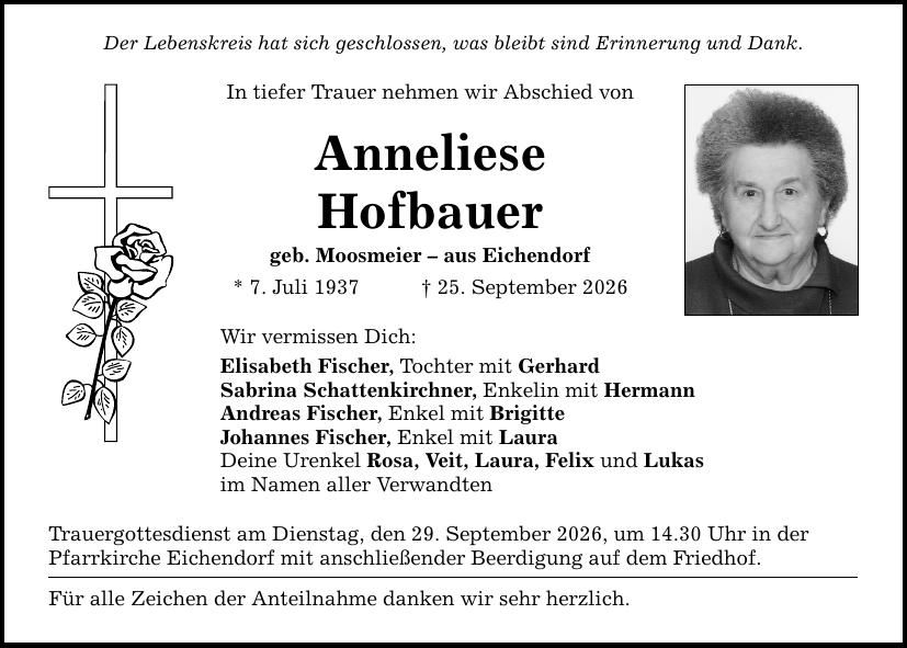 Traueranzeige Anneliese Hofbauer