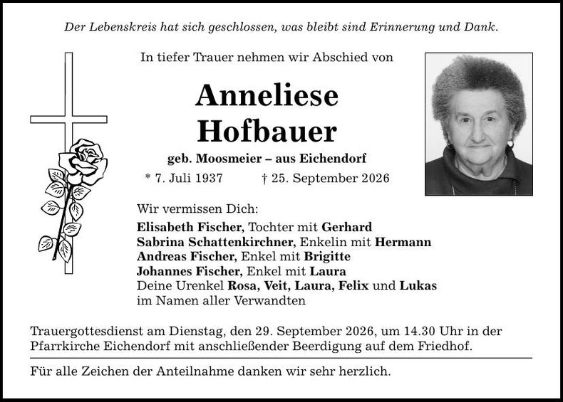 Traueranzeige Anneliese  Hofbauer