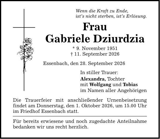 Traueranzeige Gabriele Dziurdzia