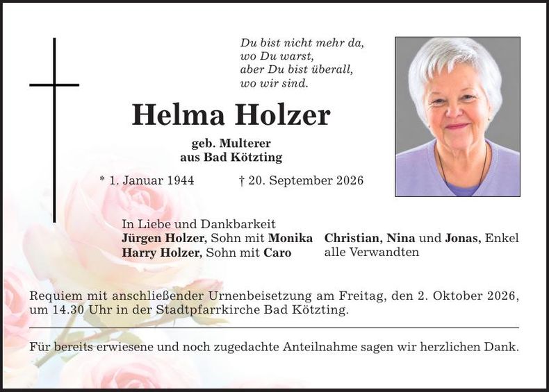 Traueranzeige Helma Holzer