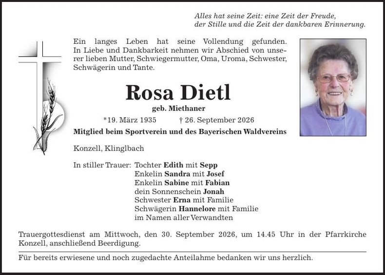 Traueranzeige Rosa Dietl