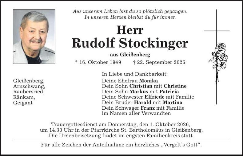 Traueranzeige Stockinger Rudolf